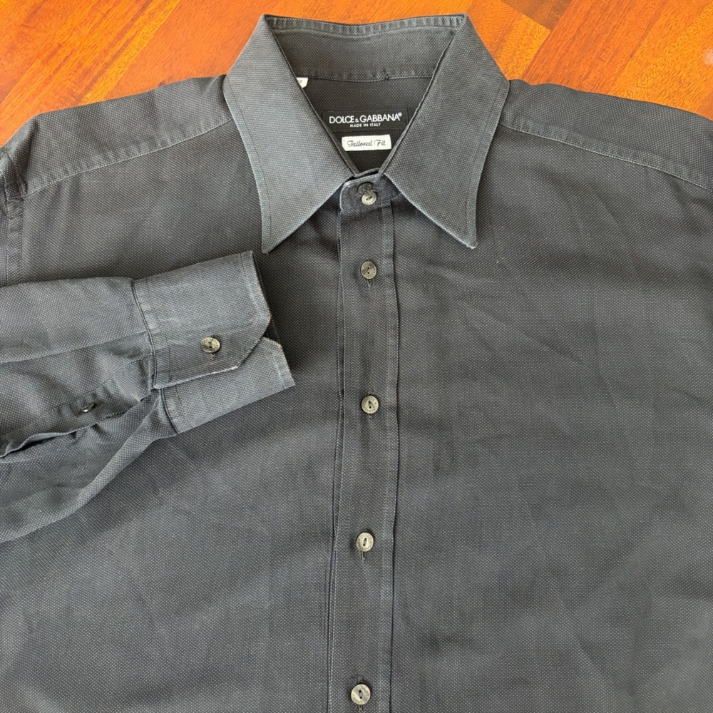 Dolce & Gabbana Gray Black Dress Shirt 17/43 Tailored Fit Textured Dot Italy